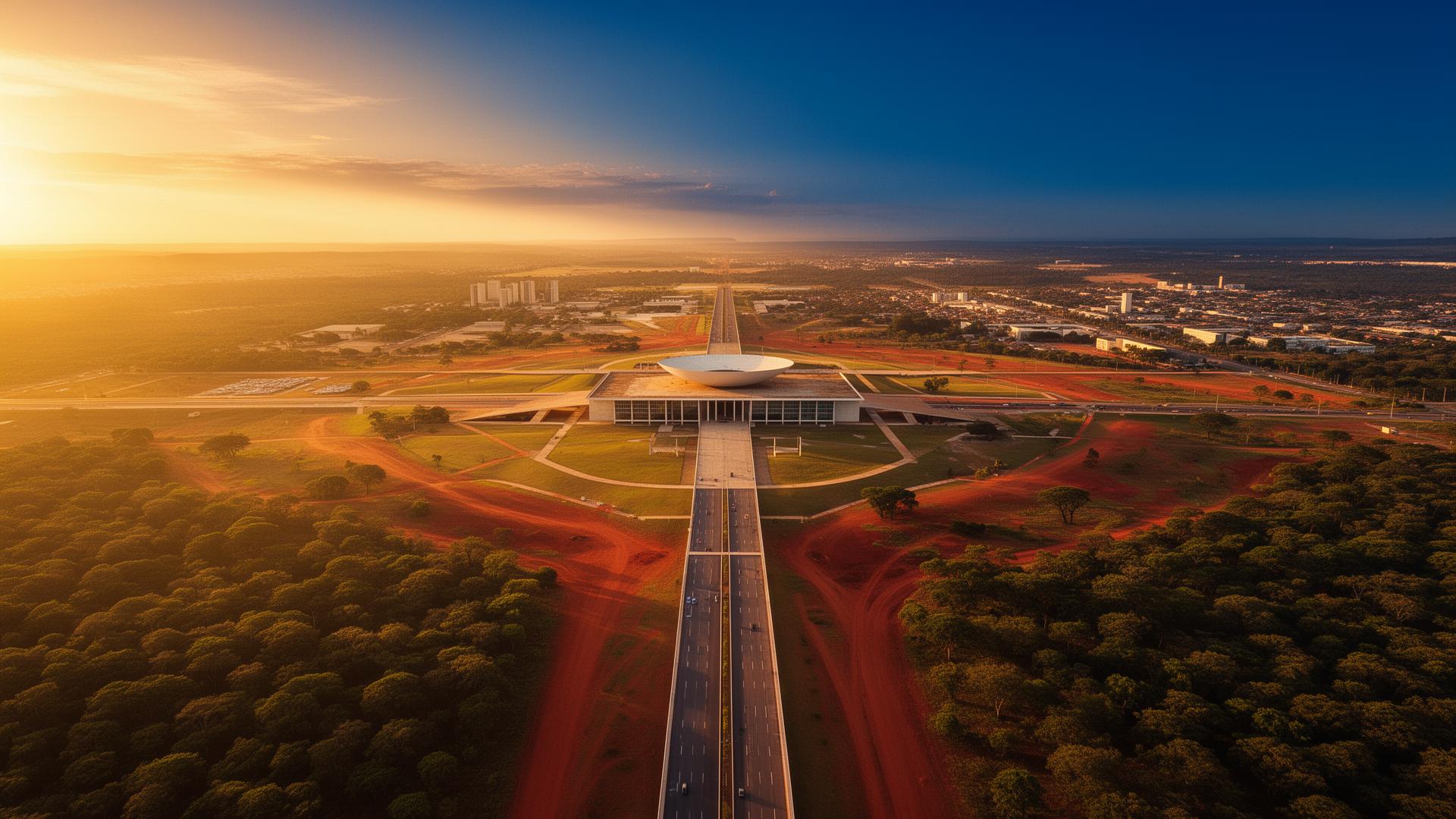 Vista aérea cinematográfica do Distrito Federal ao amanhecer, mostrando o Eixo Monumental, o Cerrado e a terra vermelha sob luz dourada.