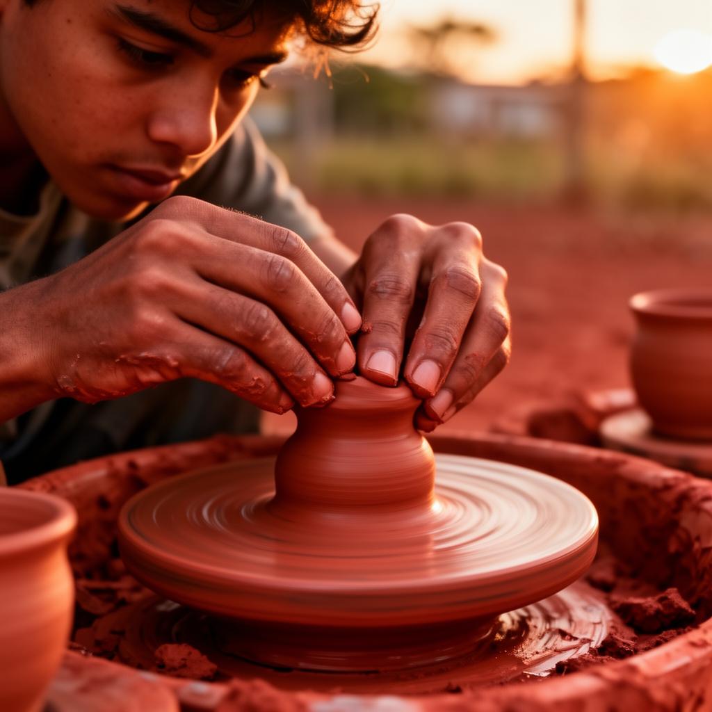 Mãos de artesão moldando barro vermelho